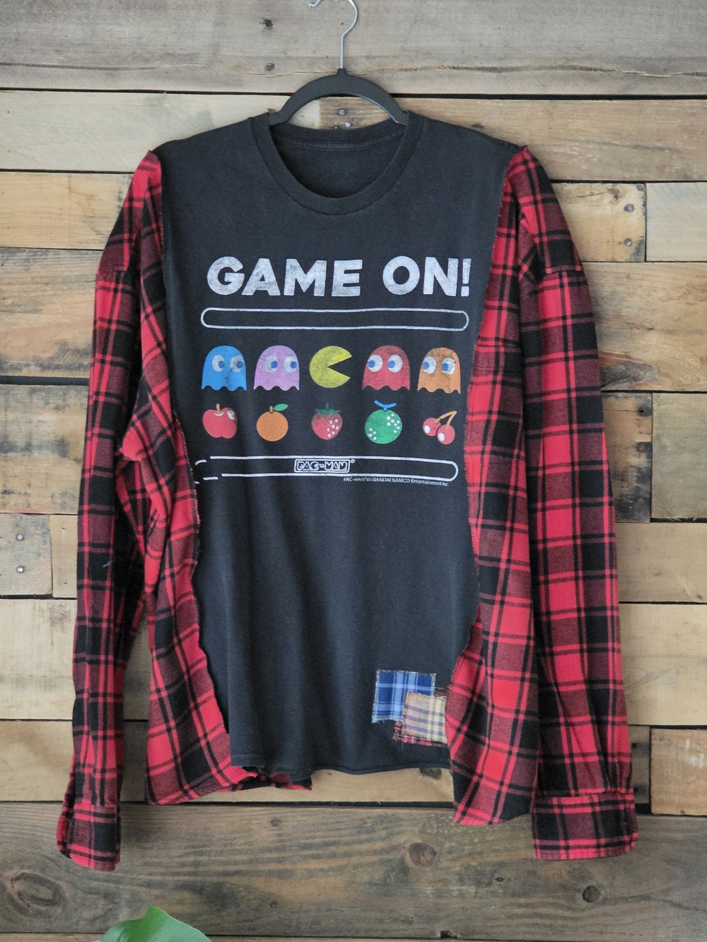 Upcycled Retro 'Game On!' Pac-Man Graphic Tee with Red Plaid Sleeves - Picture 1 of 8